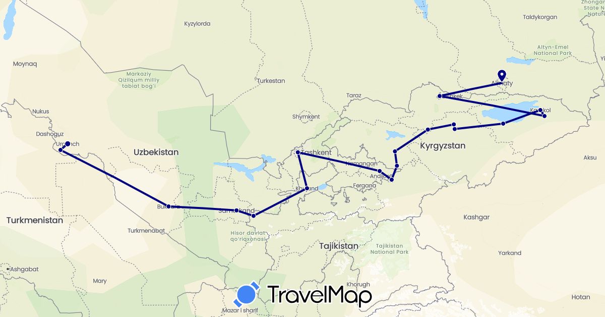 TravelMap itinerary: driving in Kyrgyzstan, Kazakhstan, Tajikistan, Uzbekistan (Asia)